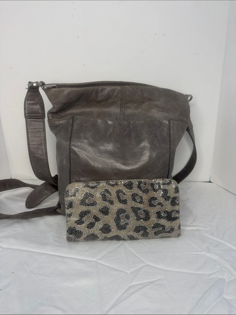 Leather Crossbody Bag with Leopard Print Wallet - Gray and VIDA WALLET